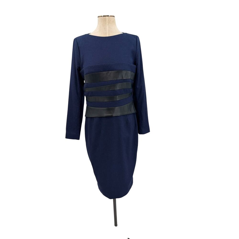 The‎ Fold Portland Dress Navy Leather Trim Sheath Career Midi NWT UK 12 US 8